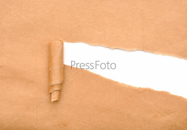 Brown package paper torn to reveal white panel ideal for copy space