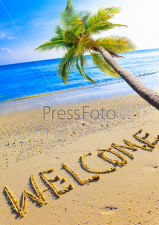 On a beach it is written Welcome and a palm tree over ocean