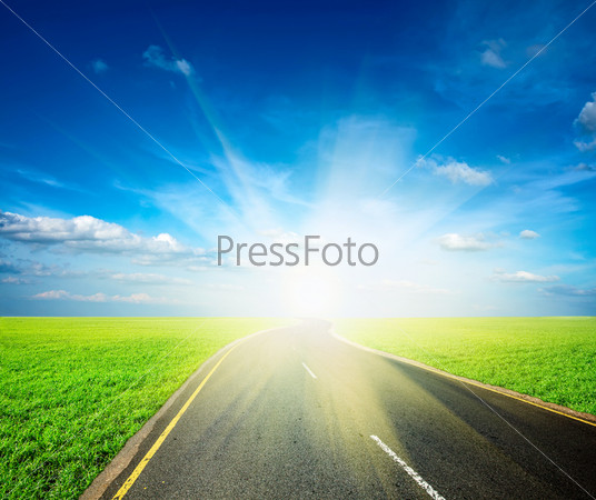 Road, field, sky landscape