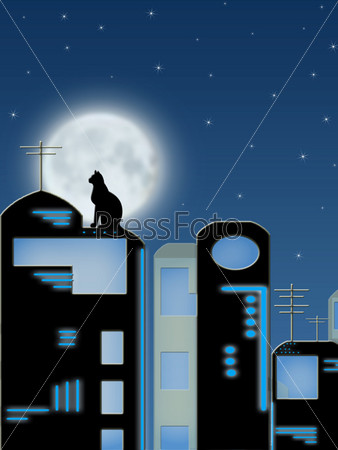 Cat sitting on roof of the building on background of the full moon