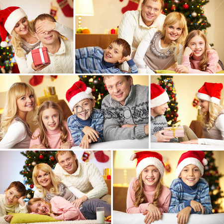 Collage of happy family members at home before Christmas