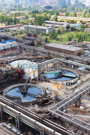 Water sewage station under construction in industrial factory. Aerial view