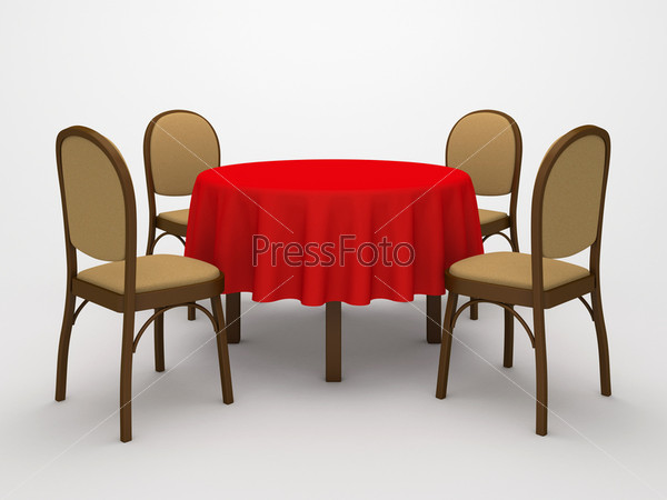Empty, round table, red cloth and four chairs on a white background