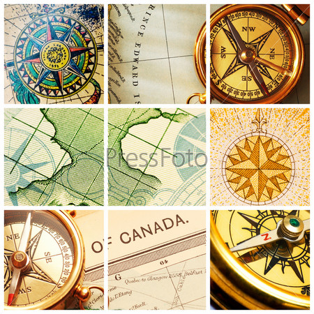 Collage with old compasses and maps