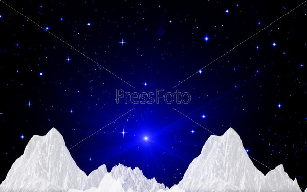 Snow tops against the dark blue star sky, stock photo