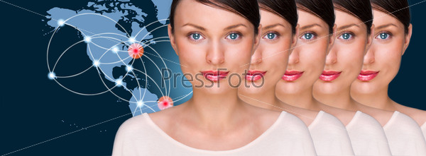 Many identical businesswomen clones in front of digital transparent world map. Internet online Business production concept