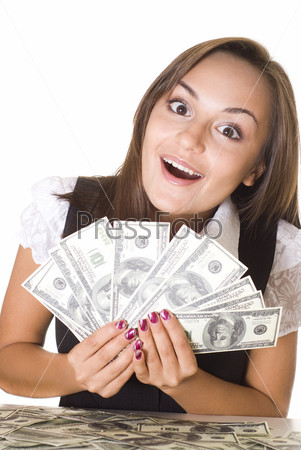 happy woman with the money on a white