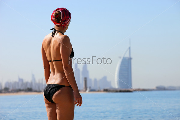 Rear view of young woman on Jumeira