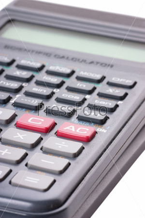 Closeup view of scientific calculator over white background
