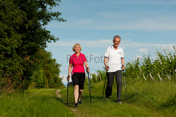 Nordic Walking - Happy mature or senior couple doing sports in summer outdoors, stock photo