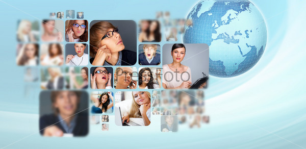 A globe against blue background with many different people\'s faces. Can represent a technology social network of friends and communication.