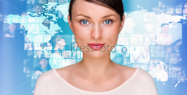 A young pretty woman against world map on background with many different people\'s faces. Can represent a technology social network of friends and communication.