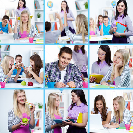 Collage of students at college learning and eating, stock photo