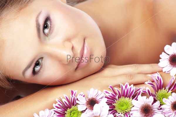 Portrait of beautiful smiling girl with healthy skin of face, stock photo