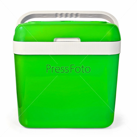 Green small portable refrigerator for traveling in the car isolated on white background