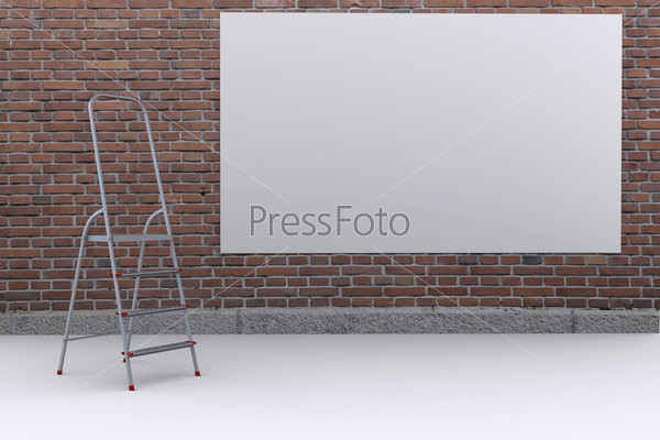 White poster on the street a brick wall. The metal staircase. 3D rendering