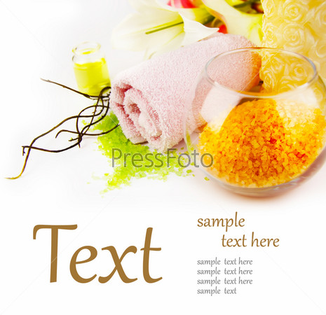 Spa setting with candle, salt and palm branch.  (With sample text)