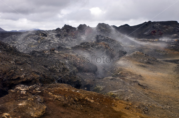 An active volcanic fissure in the Krafla system, surrounded by steaming hot Lava from the 1984 Eruption