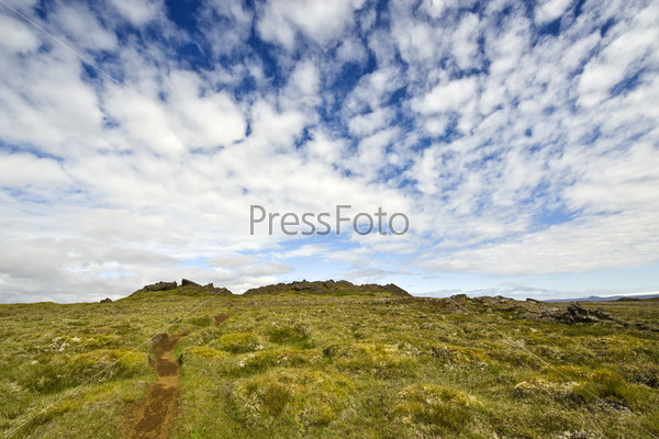 The moss covered lava fields of an ancient shield volcano in the Kjolur Landscape near Hveravellir, Iceland
