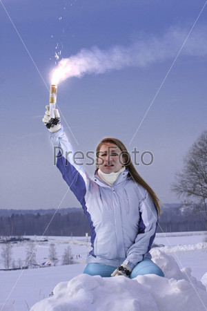 Young Woman hold red flare in hand. Help signal.