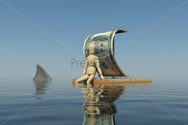 The wooden man floats on a raft with a sail from the dollar. The man lowered his leg in the water. The water can be seen shark fin