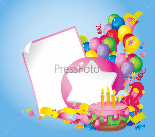 Bright Holiday composition of  cake, balloons, gift boxes, confetti, sweets, Streamer and  Frame for your text congratulations