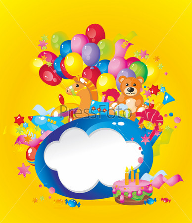 Children\'s holiday: toys, birthday cake, balloons, gift boxes, and  Frame for your text congratulations