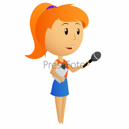Cartoon girl female reporter holding microphone
