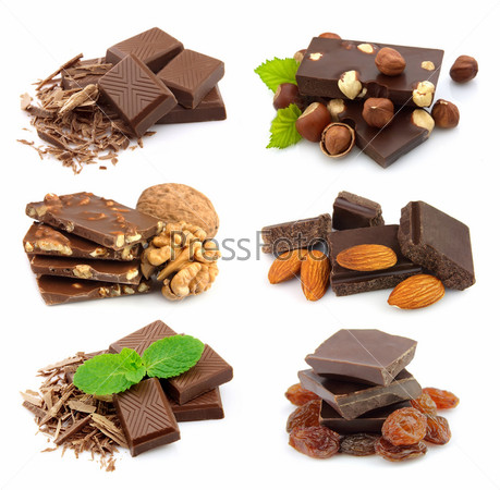 Collage of sweet chocolate on the white