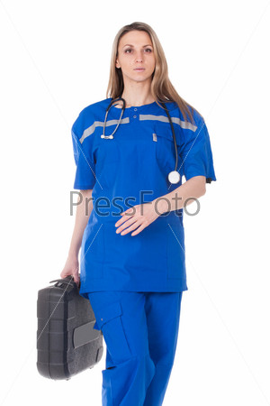 The image of an emergency woman doctor in the blue suit with a bag