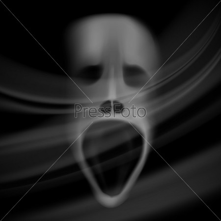 Ghost face, blurred skull, horror background with shadows