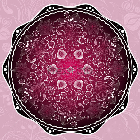 Purple round floral frame with flowers on pink  pattern (vector)