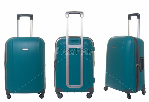 green travel suitcase collection isolated on white background