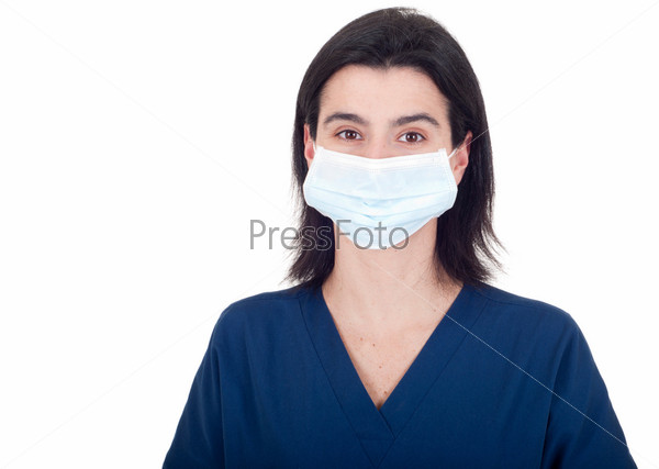 portrait of a young female doctor wearing mask isolated on\
white background