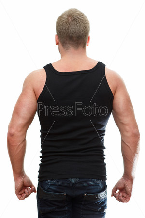One handsome Caucasian man in black t-shirt with neck pain isolated on white background. Rear view