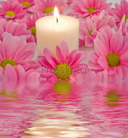 Candle and pink flower in a water