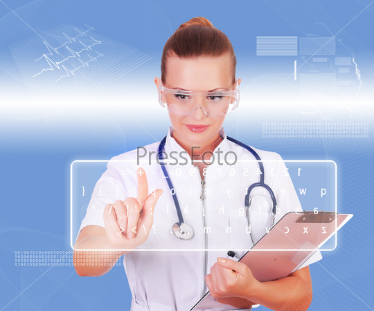 Young doctor in white uniform, transparent glasses and a stethoscope clicks on virtual keyboard. Collage.