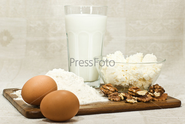 flour, milk, eggs, cheese, nuts