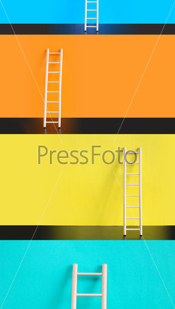 Success concept. Few wooden ladders against various color backgrounds