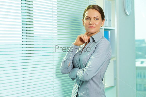Smiling business woman in office, stock photo