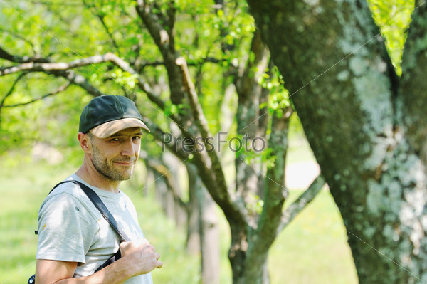 Man outdoor in nature walking have relaxation and recreation, stock photo