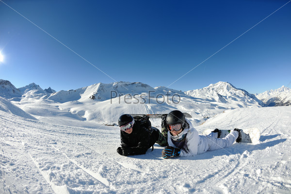 Winter woman ski sport fun travel snow board, stock photo