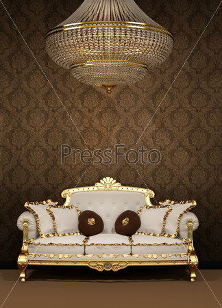 Baroque sofa and chandelier in luxury apartment