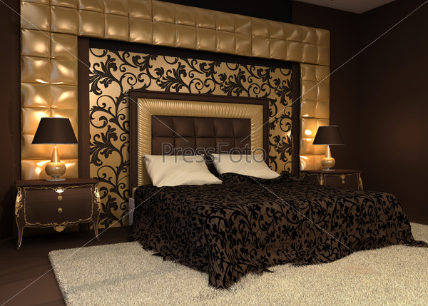 Romantic interior. Double bed in golden luxurious interior. Hotel apartment