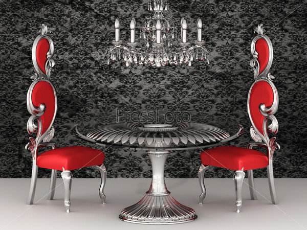 Baroque chairs. Royal interior. Wallpaper.