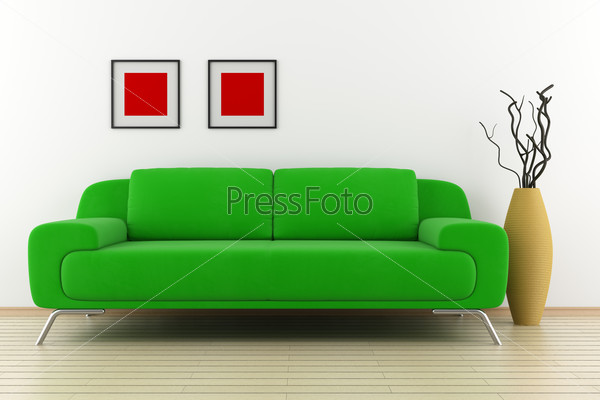 Green sofa and vase with dry wood