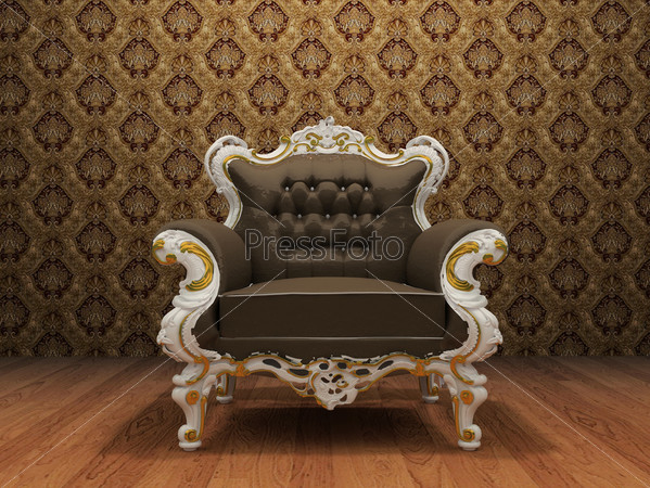 Leather Luxurious armchair in old styled interior with ornament wallpaper