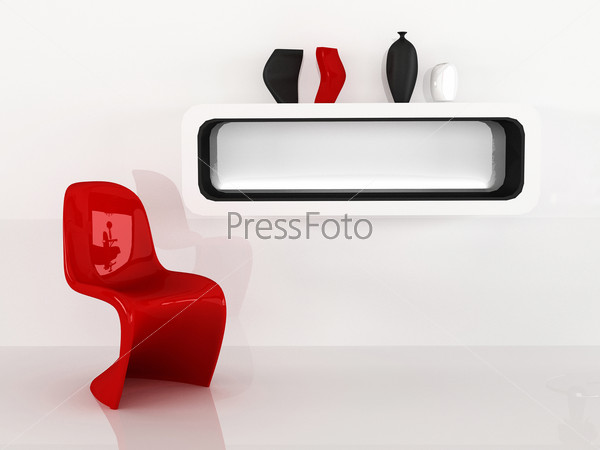 Chair and shelf with vases in minimalism interior. Red Black White