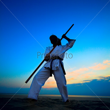 Karate on sunset beach, stock photo