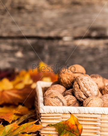 Autumn border from walnuts and fallen leaves on wooden background. Shallow depth of fields